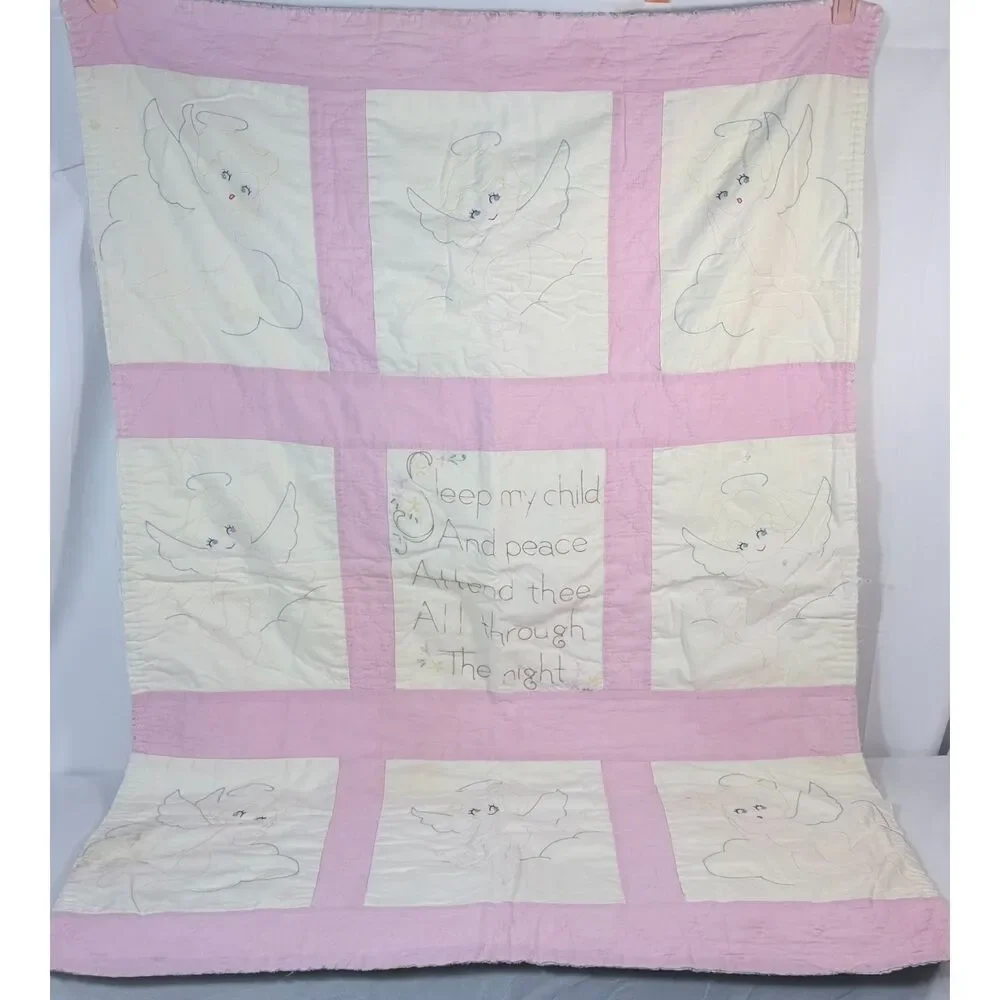VTG Child Baby Crib Quilt Handmade Angel Pink Girl Sleep My Child Cottage Cherub